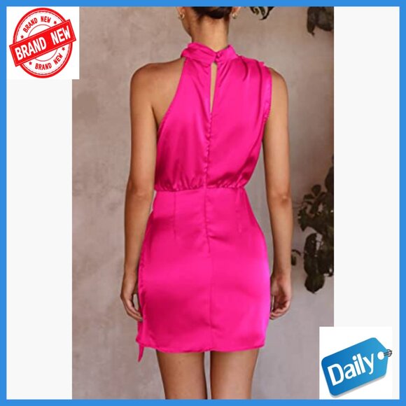 Satin Mini Dress Sleeveless Mock Neck Tie Waist Formal Cocktail Party - Picture 5 of 7